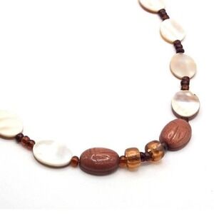 Goldstone Scarab Bead Necklace 18" MOP Shell Carved Boho Symbolic Glass